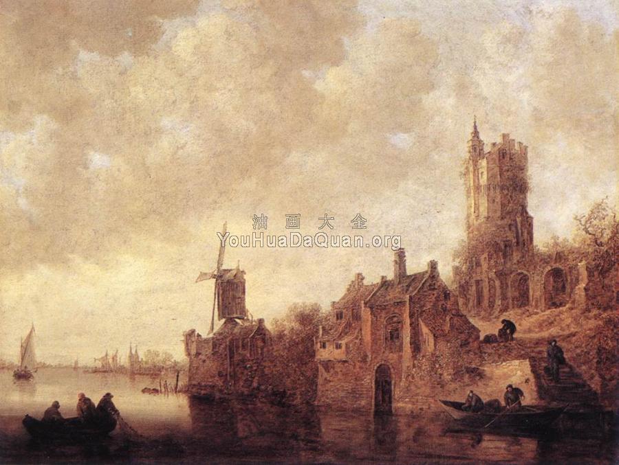 River Landscape with a Windmill and a Ruined Castle - 扬·范·戈因